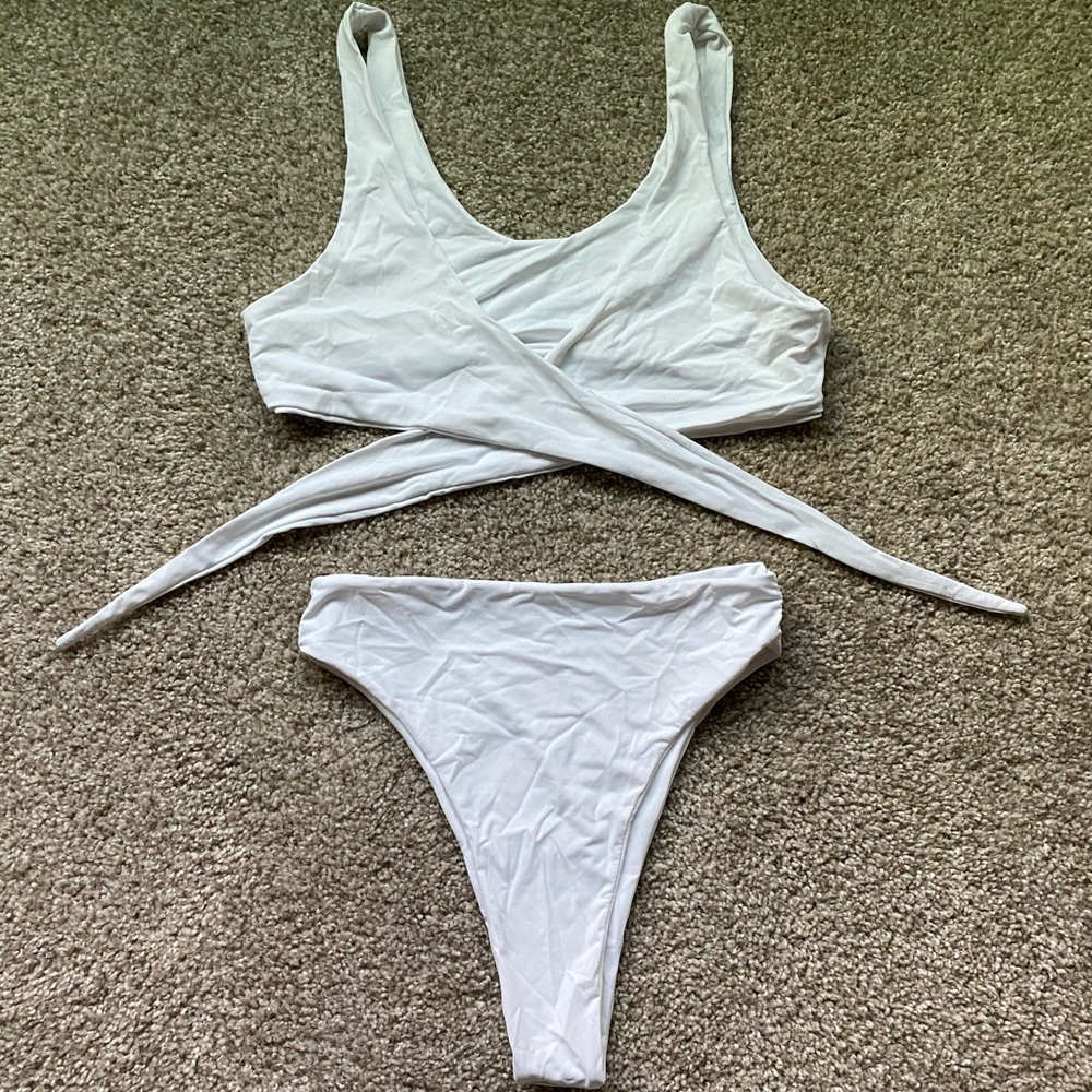 White multi tie high waisted bottom bikini